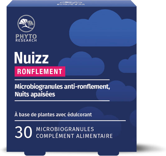Phytoresearch - Nuizz Ronflement - Complément Alimentaire anti Ronflements - Huile Essentielle De Menthe Poivrée, Aloe Vera, Vitamine E - 30 Microbiogranules - Fabriqué En France